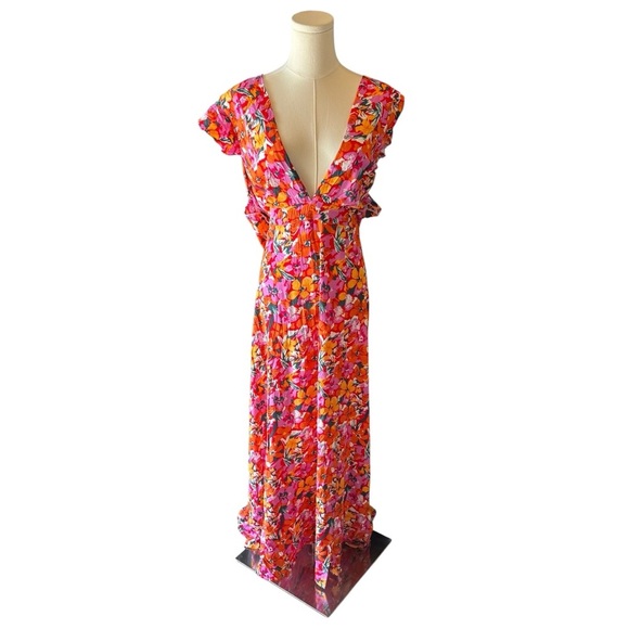 ShowPo - Dyliah Thigh Split Frill Shoulder Plunge Neck Dress Spring Flora Sz 14 - Picture 3 of 7